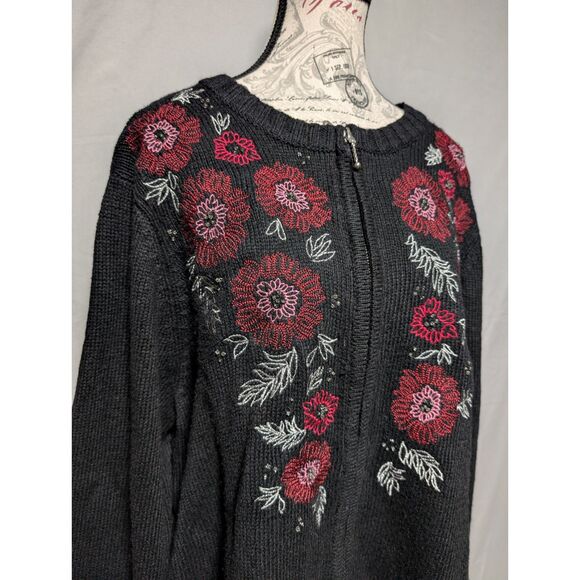 Croft & Barrow Black Embroidered Floral Zip Silk Knit Sweater Women's Plus 1X - Picture 2 of 9